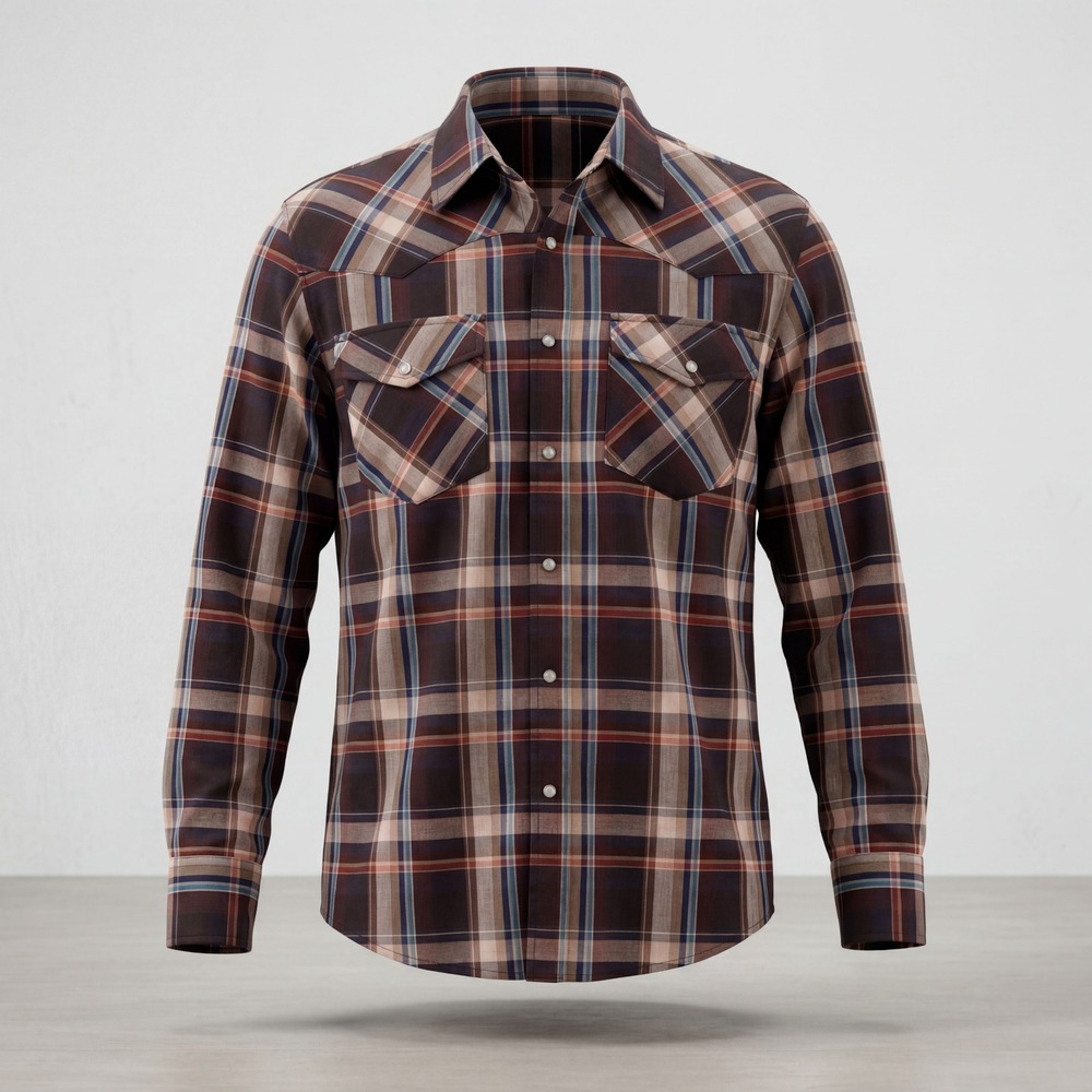 Bit & Bridle Mens Large Plaid Western Pearl Snap Shirt Brown Blue Long Sleeve L
